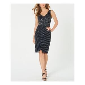 Adrianna Papell Navy Beaded Party Dress Faux Wrap Sleeveless Sz 6
